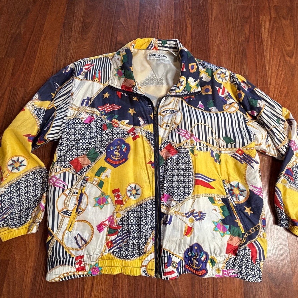 Vintage Chris Allan Sport 100% Silk Windbreaker Women’s M Nautical Colorful Zip